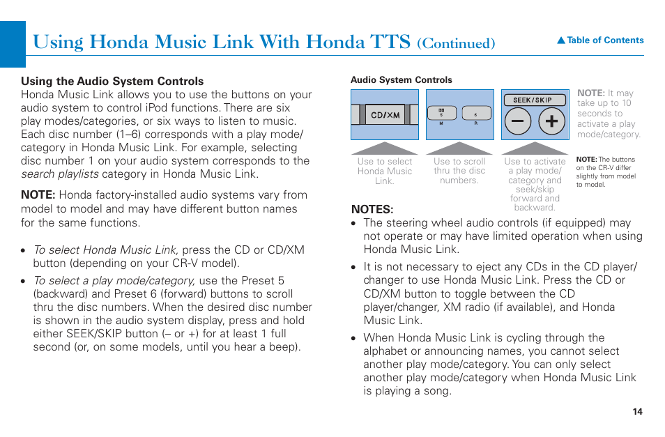 Using honda music link with honda tts, Continued) | HONDA CR-V 2004 User Manual | Page 14 / 21