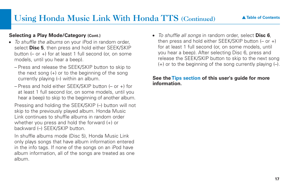 Using honda music link with honda tts | HONDA CR-V 2004 User Manual | Page 17 / 21