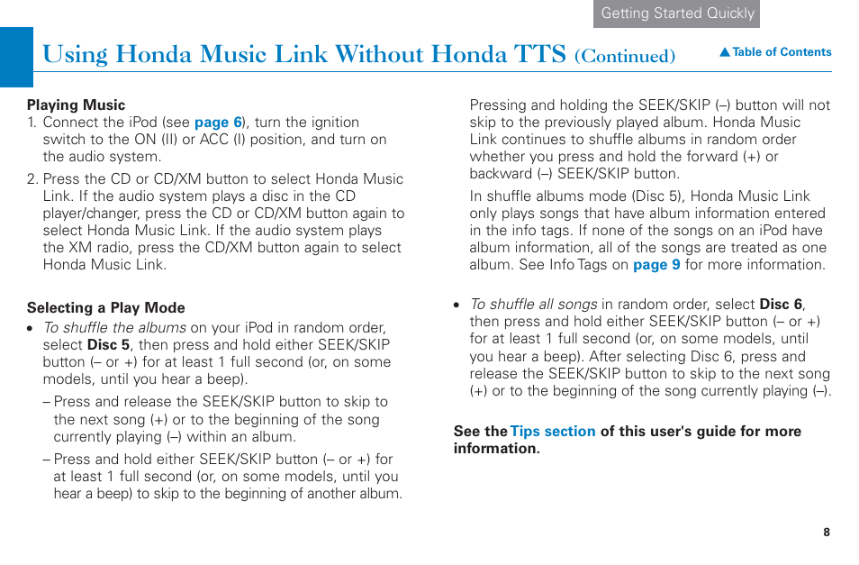 Using honda music link without honda tts | HONDA CR-V 2004 User Manual | Page 8 / 21