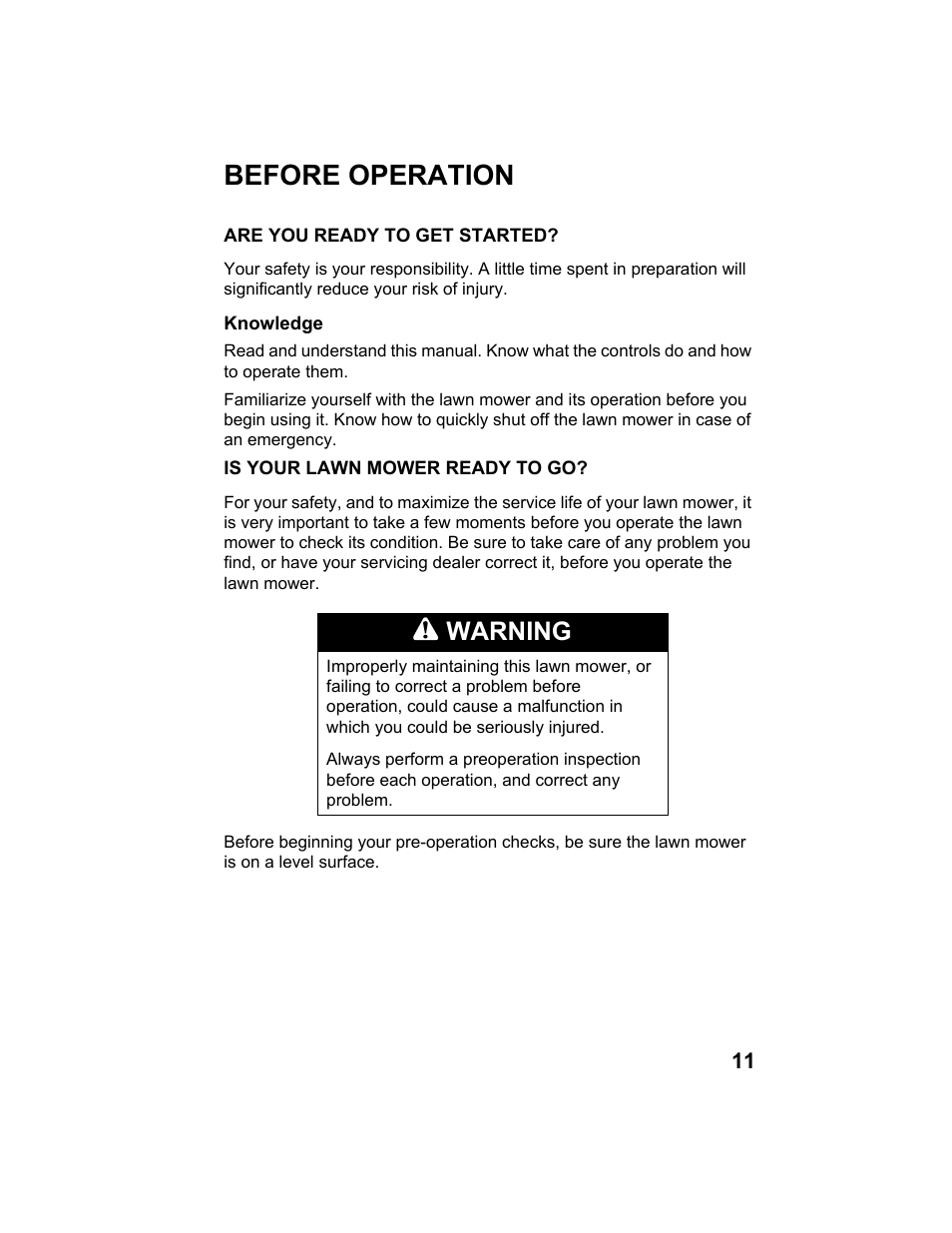 Before operation, Are you ready to get started, Is your lawn mower ready to go | Warning | HONDA HRB217TDA User Manual | Page 13 / 76
