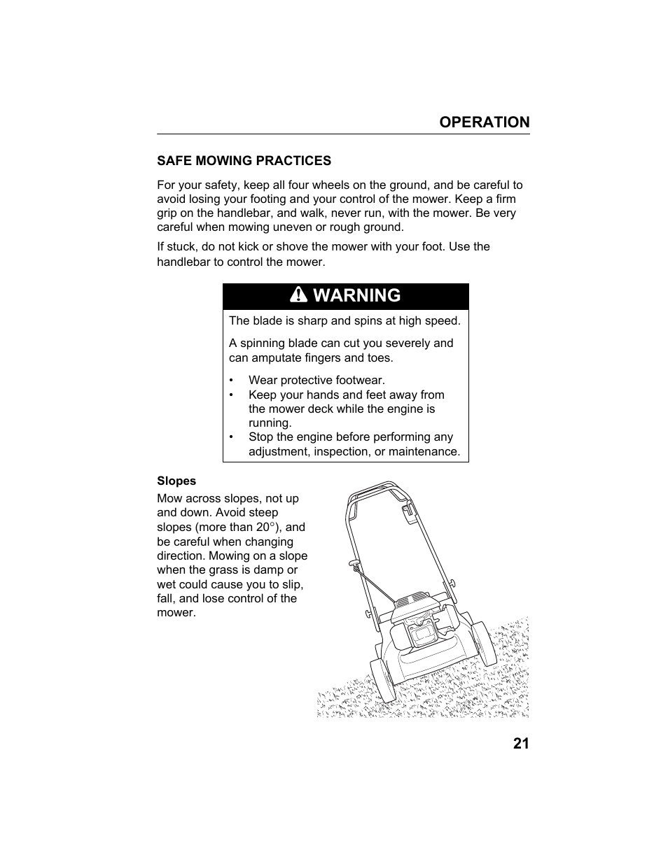 Safe mowing practices, Warning | HONDA HRB217TDA User Manual | Page 23 / 76