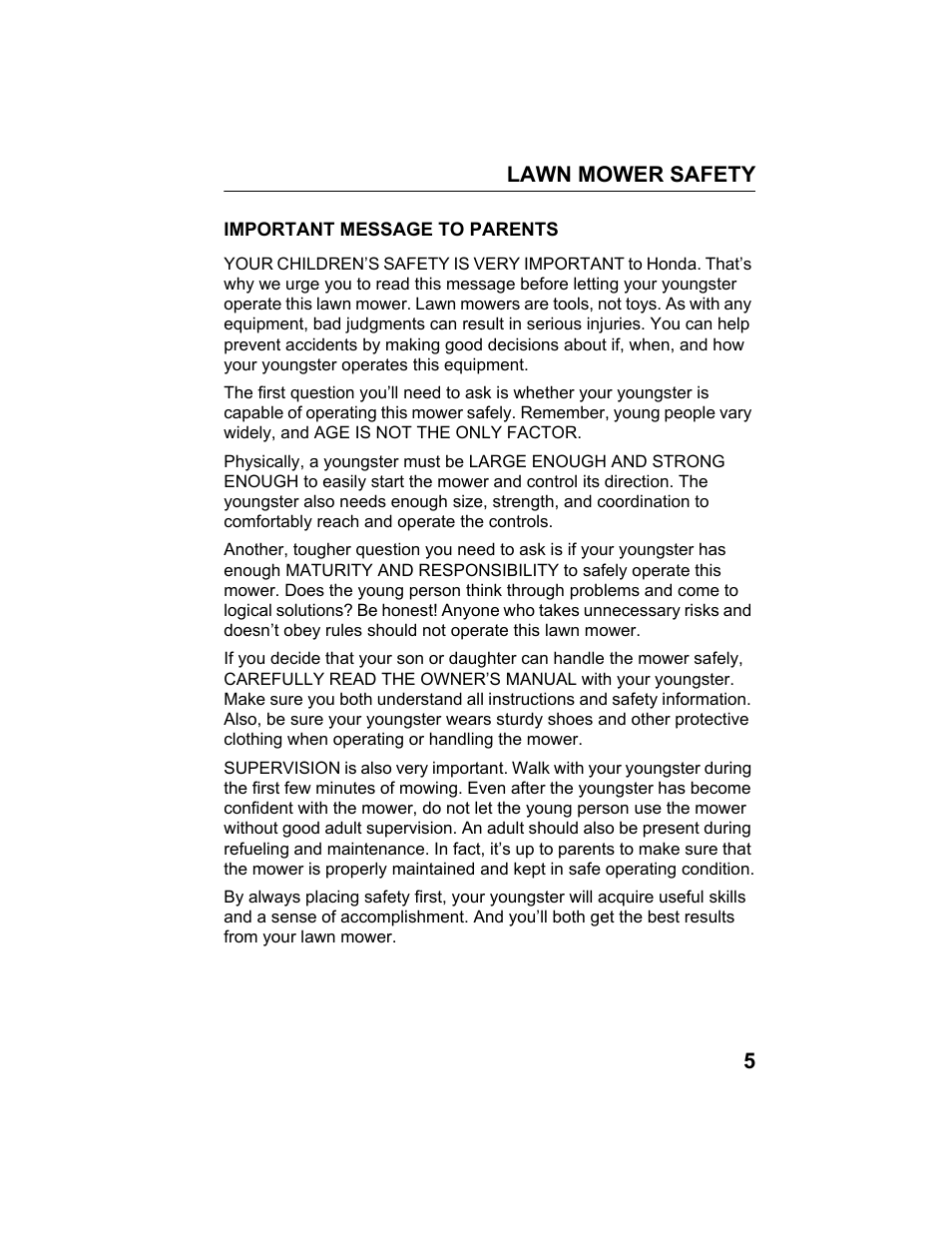 Important message to parents | HONDA HRB217TDA User Manual | Page 7 / 76