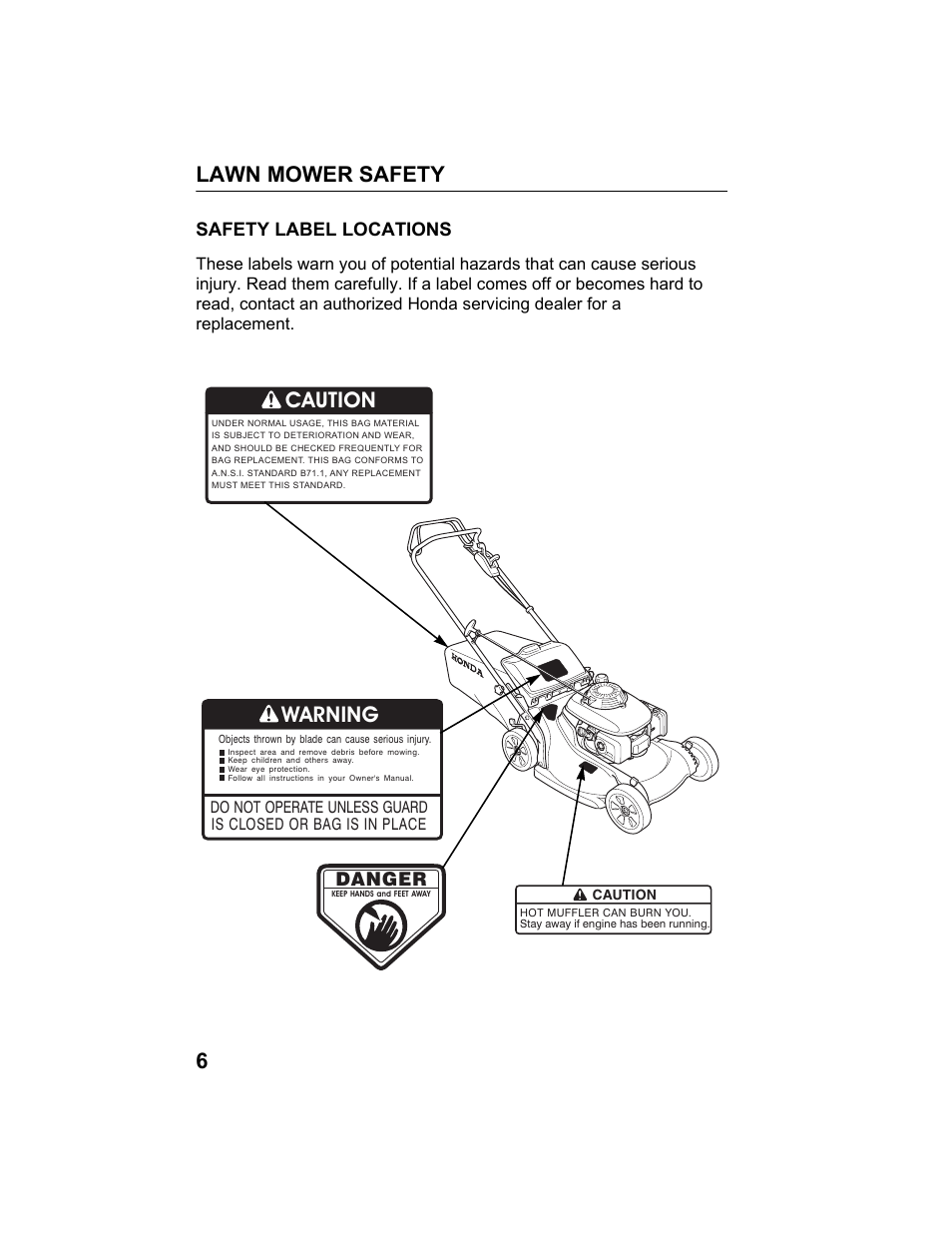 Safety label locations, Lawn mower safety 6, Caution | Warning, Danger | HONDA HRB217TDA User Manual | Page 8 / 76