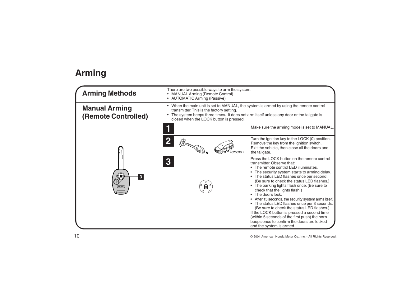 Arming, Arming methods, Manual arming (remote controlled) | HONDA ODYSSEY Security System User Manual | Page 10 / 20