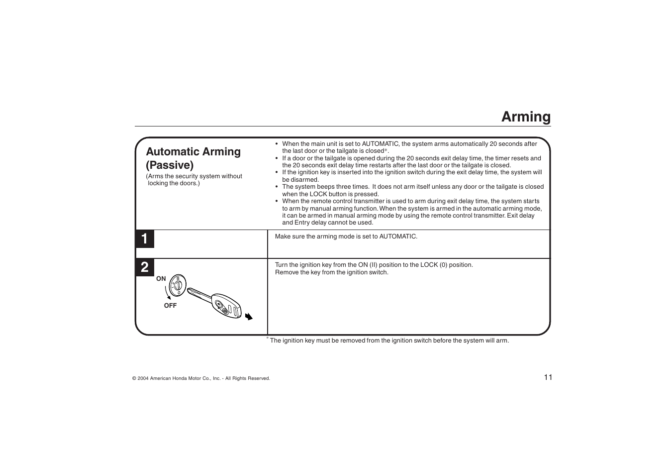 Arming, Automatic arming (passive) | HONDA ODYSSEY Security System User Manual | Page 11 / 20