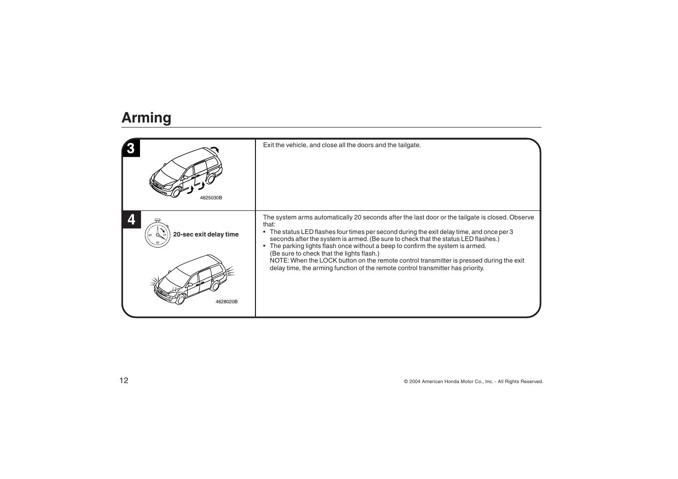Arming | HONDA ODYSSEY Security System User Manual | Page 12 / 20