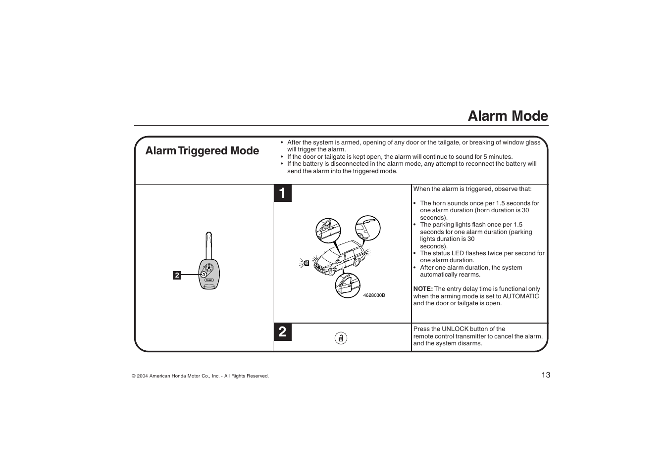 Alarm mode, Alarm triggered mode | HONDA ODYSSEY Security System User Manual | Page 13 / 20