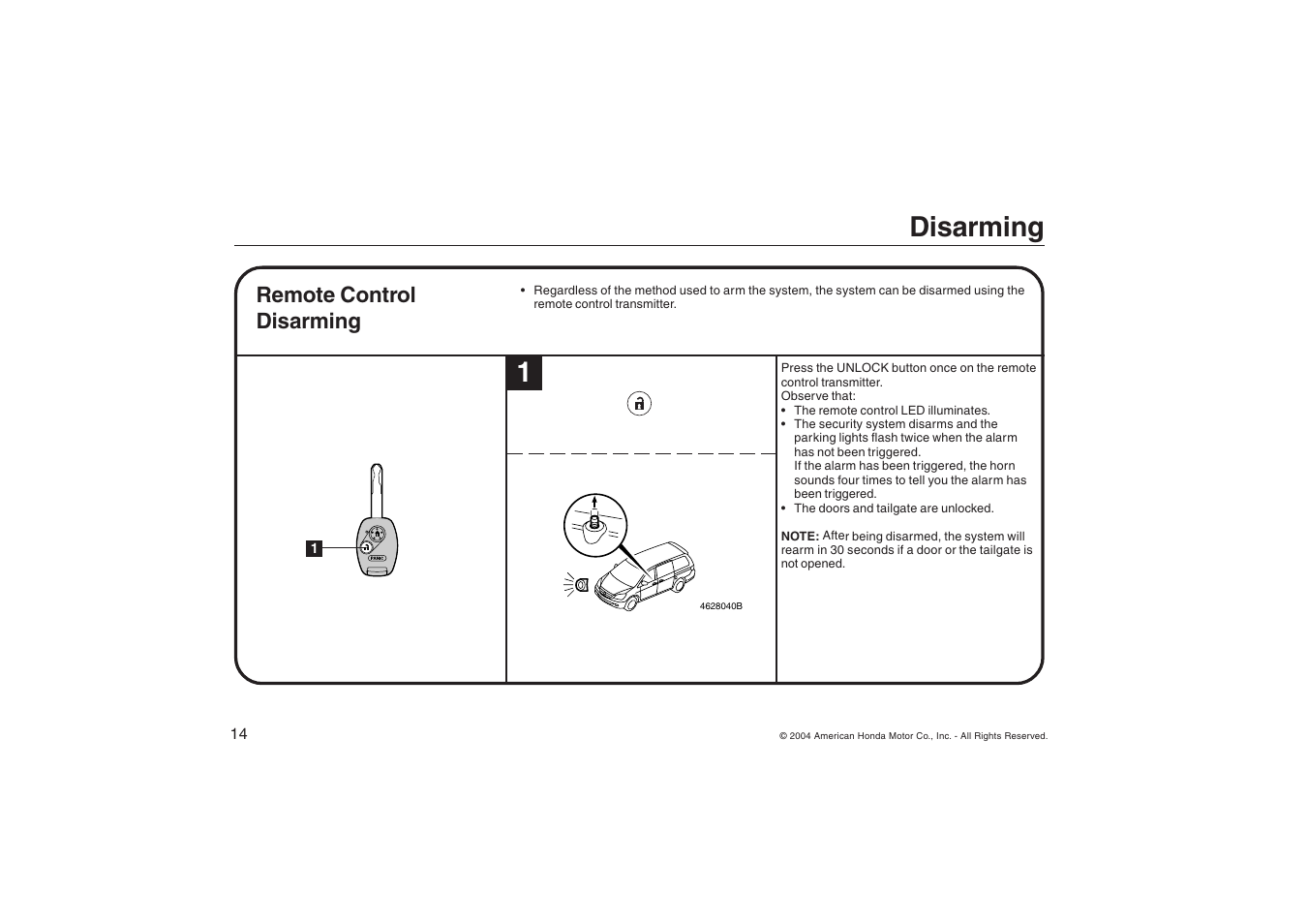 Disarming, Remote control disarming | HONDA ODYSSEY Security System User Manual | Page 14 / 20