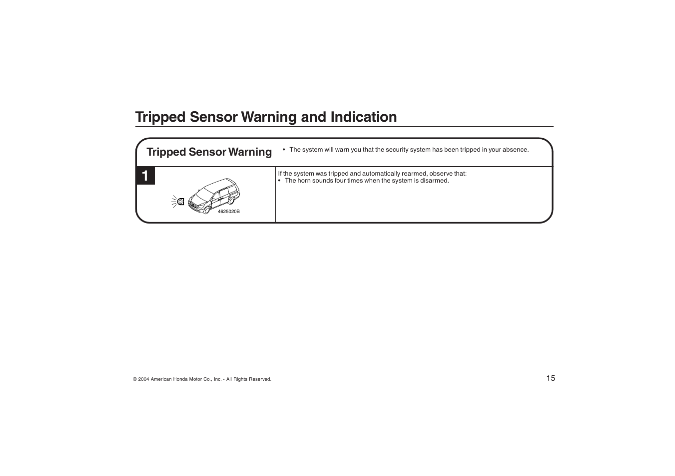 Tripped sensor warning and indication | HONDA ODYSSEY Security System User Manual | Page 15 / 20