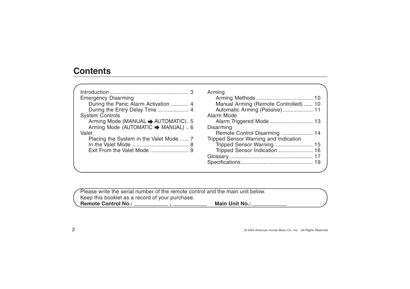 HONDA ODYSSEY Security System User Manual | Page 2 / 20