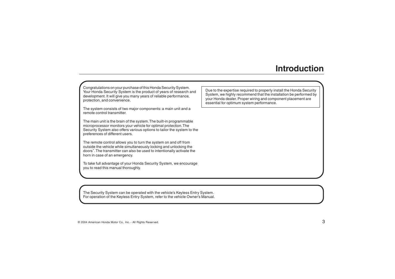 Introduction | HONDA ODYSSEY Security System User Manual | Page 3 / 20