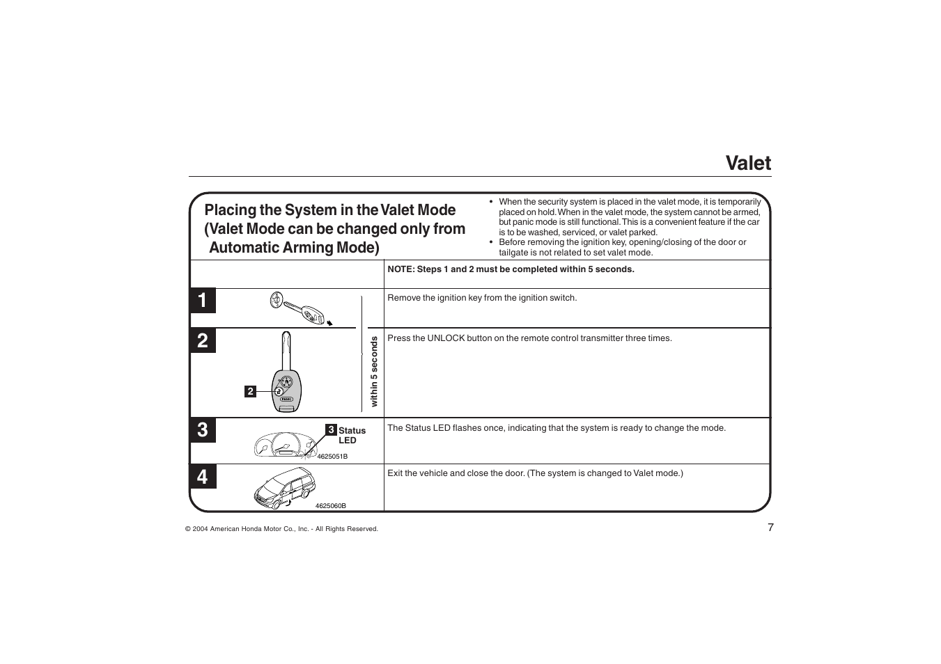 Valet 1 2 3 4 | HONDA ODYSSEY Security System User Manual | Page 7 / 20