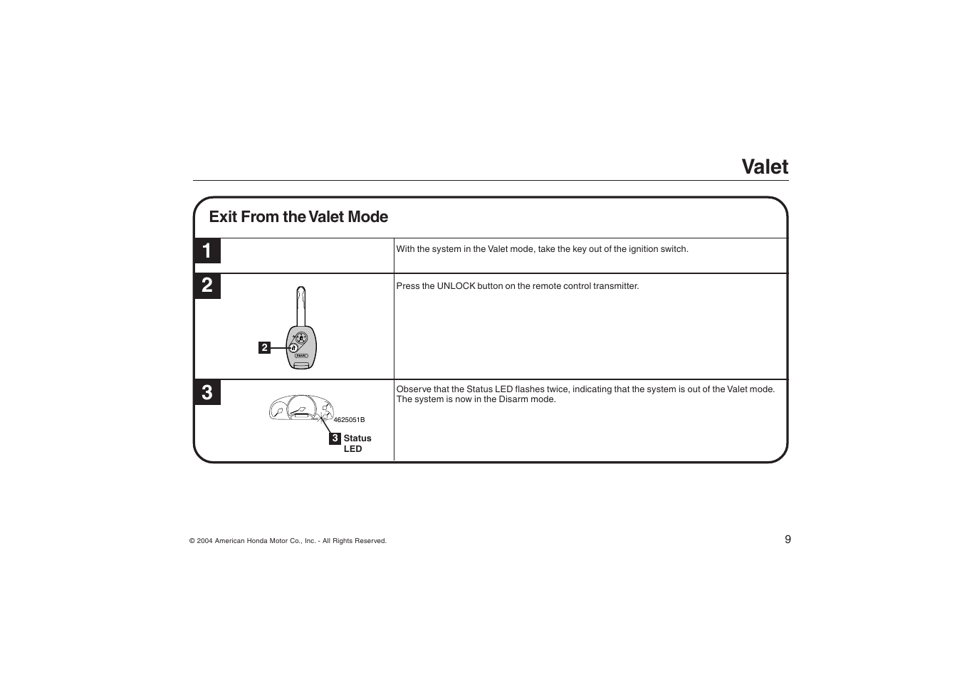 Valet | HONDA ODYSSEY Security System User Manual | Page 9 / 20