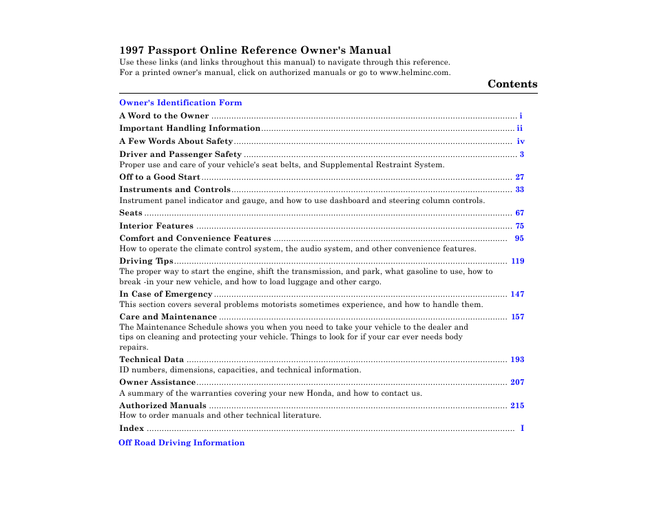 HONDA 1997 Passport User Manual | 1 page